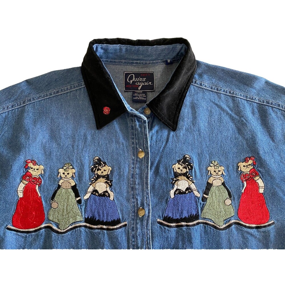 Quizz Again NY Women's Long Sleeve Shirt L Velvet Collar Embroider Bear Denim